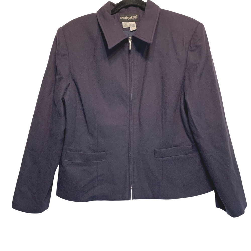 Vtg Sag Harbor Petite Wool Jacket 14P Navy Blue Full Zip Lined Pockets Modest